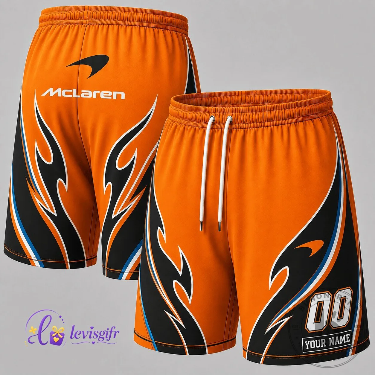 McLaren Racing Formula 1 Orange Flame Pattern Shorts with Custom Name