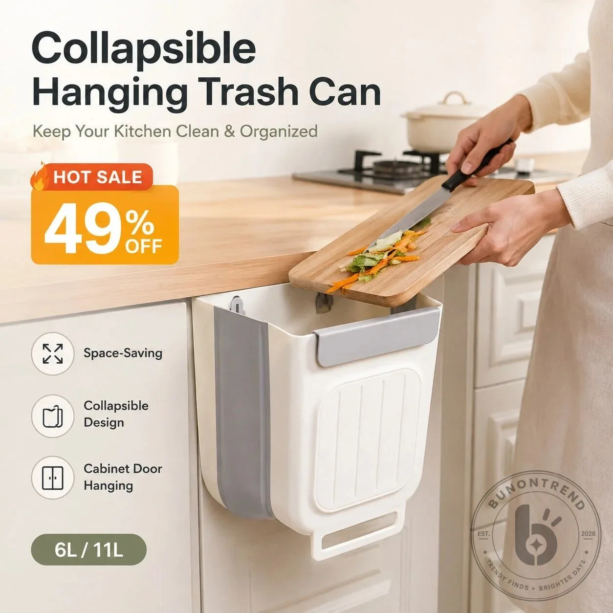 Collapsible Hanging Trash Can for Kitchen Cabinet Door, Space-Saving Design
