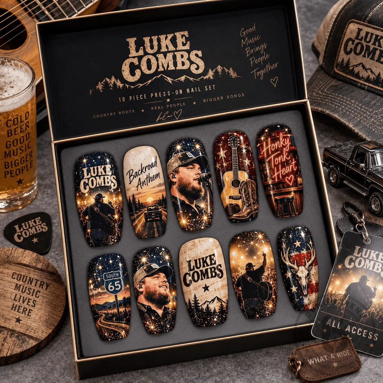 Luke Combs Country Music Portrait and Beer Motifs Press-On Nail Set
