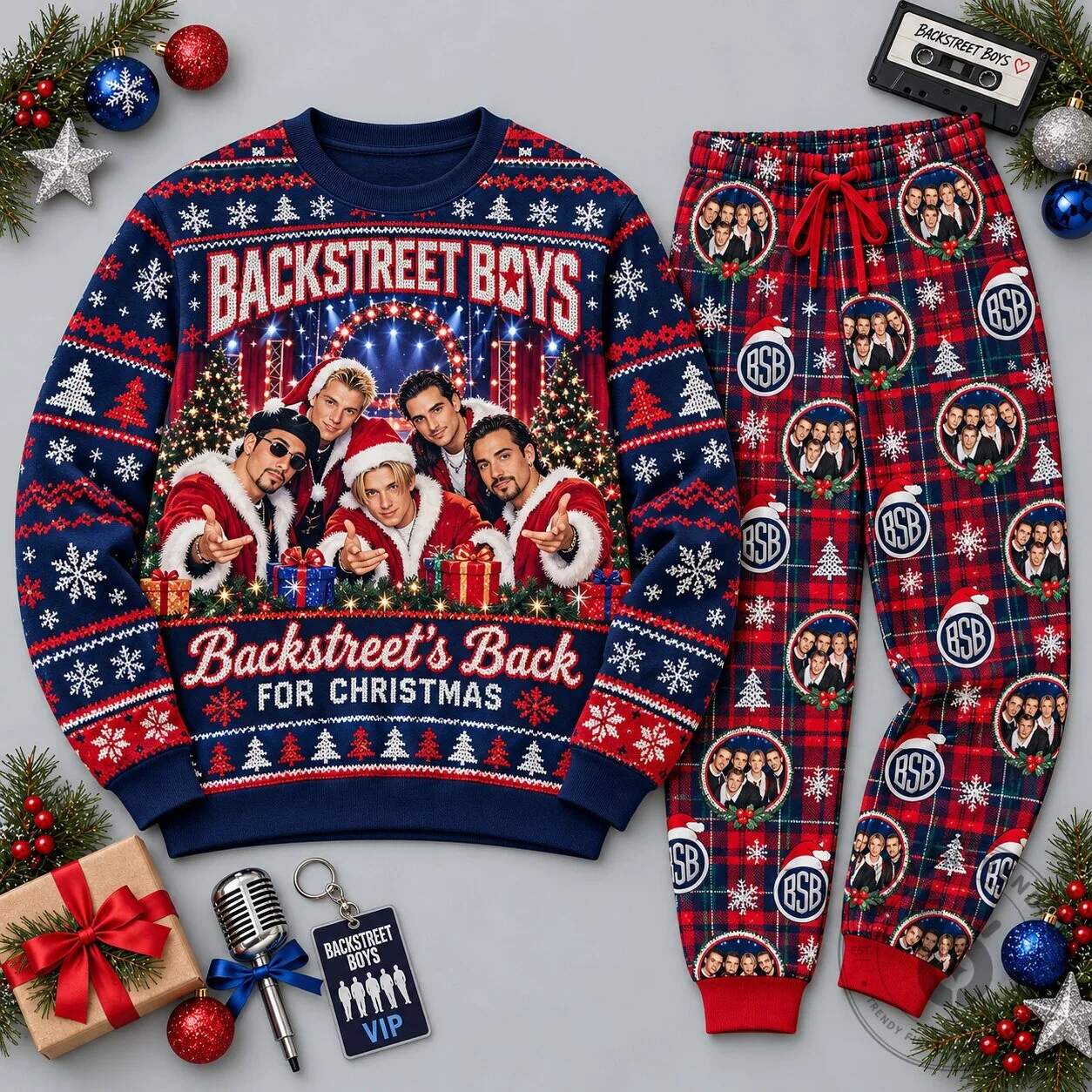 Backstreet Boys Back For Christmas Portraits Navy Red Holiday Sweatshirt And Joggers