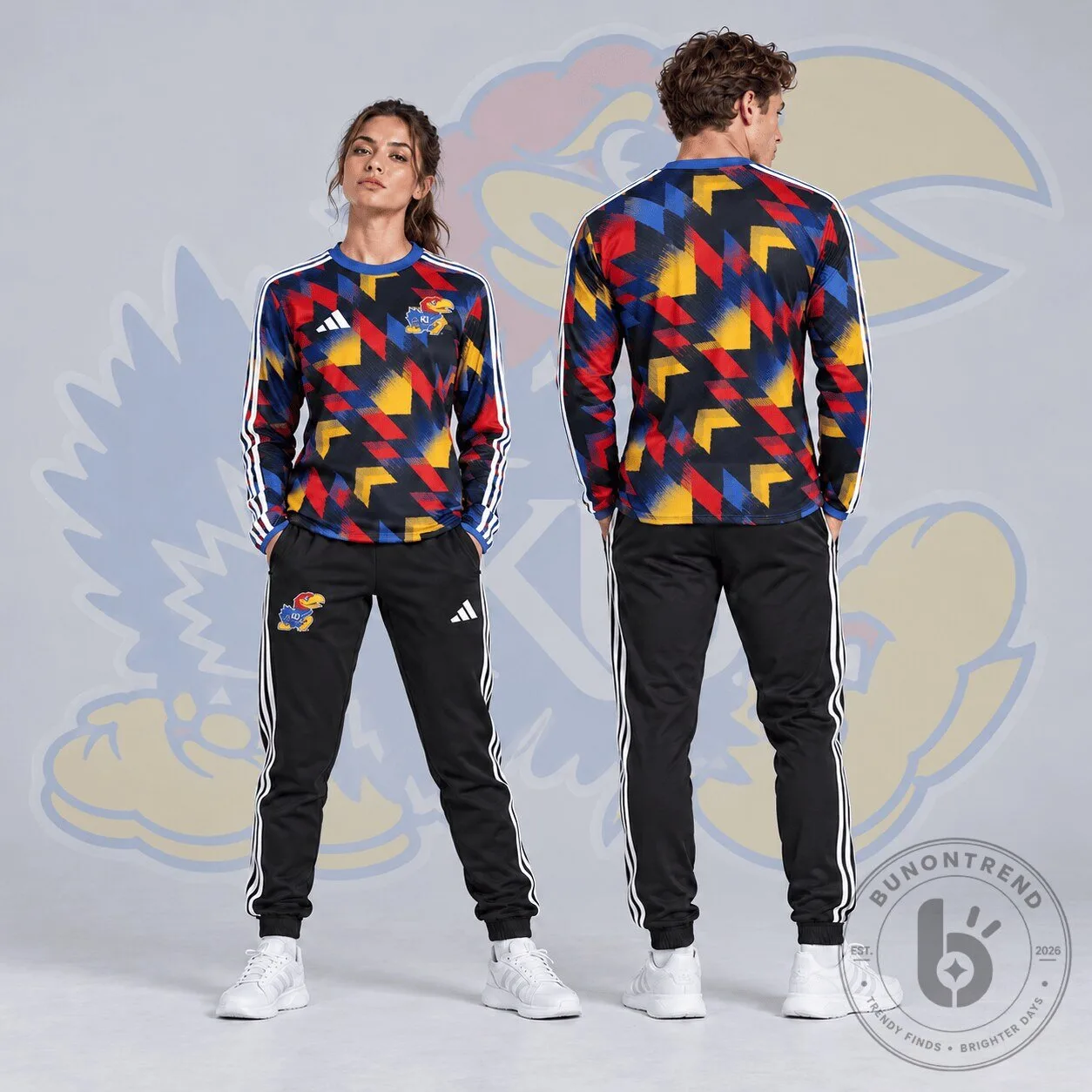Kansas Jayhawks Dynamic Geometric Pattern Long Sleeve Shirt and Jogger Set