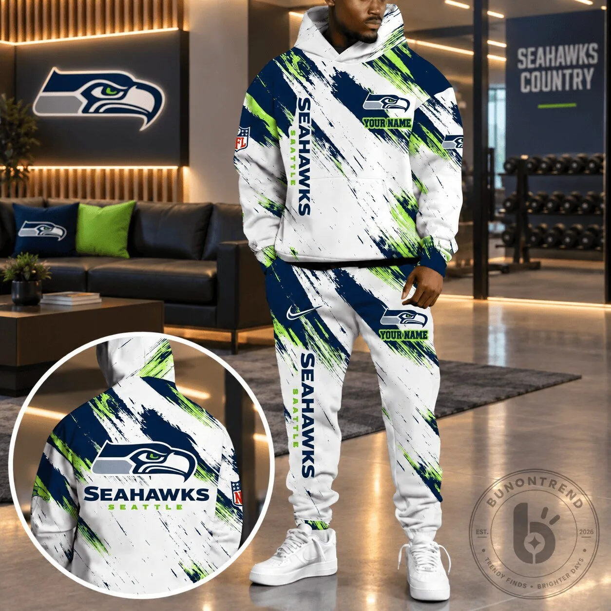 Seattle Seahawks Personalized NFL Team White and Green Hoodie and Sweatpants Set