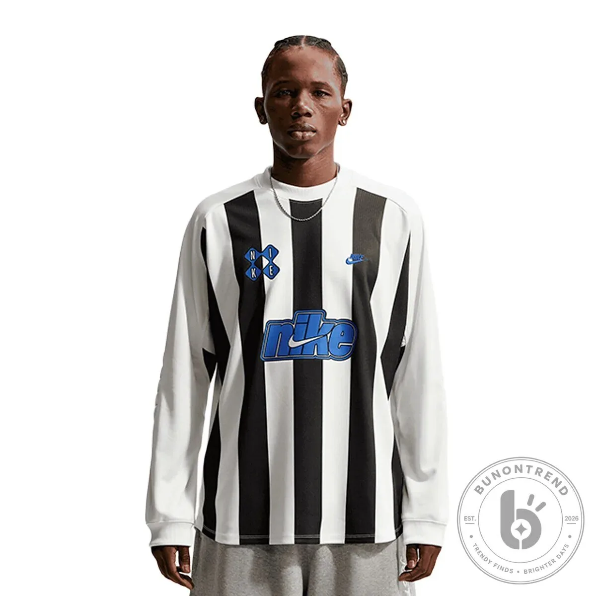 Nike Sportswear Club Black and White Striped Long Sleeve T-Shirt