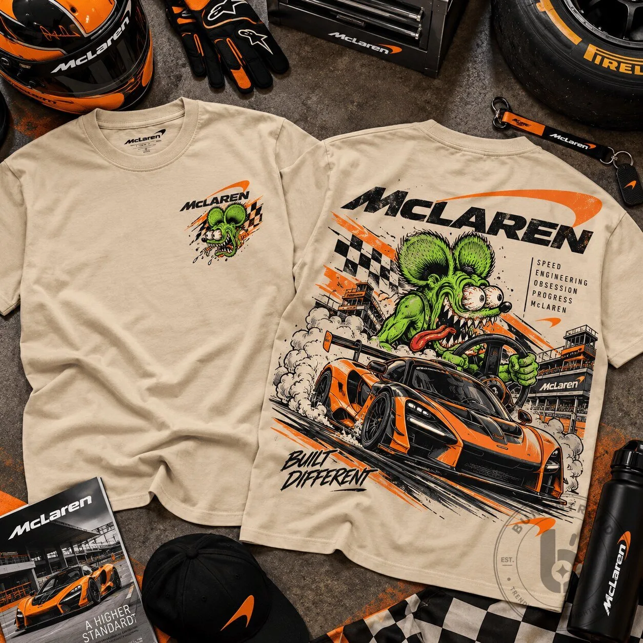 Orange Supercar Racing Graphic T-Shirt featuring McLaren Rat Fink for Track Day Enthusiasts