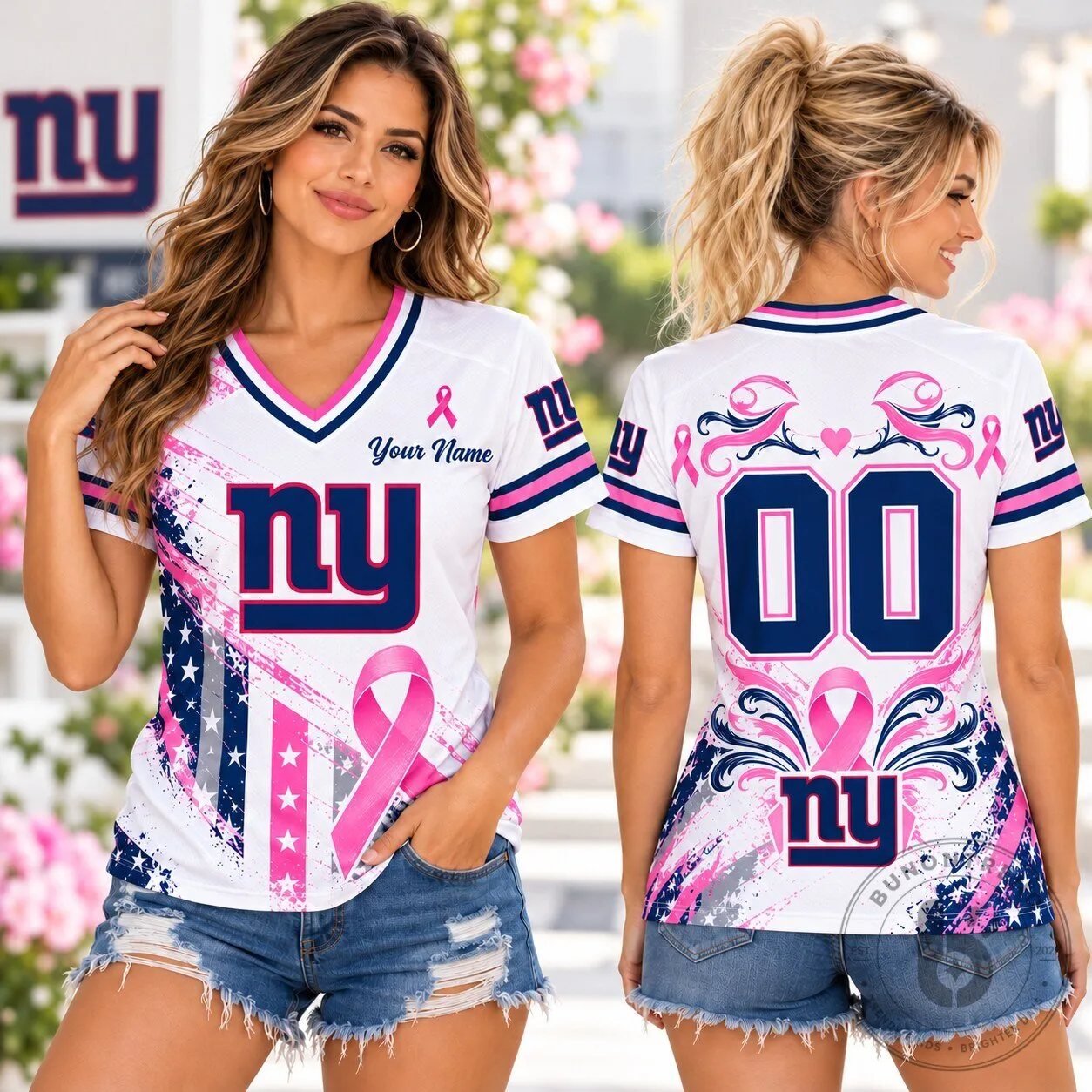 New York Giants NFL Pink Ribbon Breast Cancer Awareness V-Neck T-Shirt