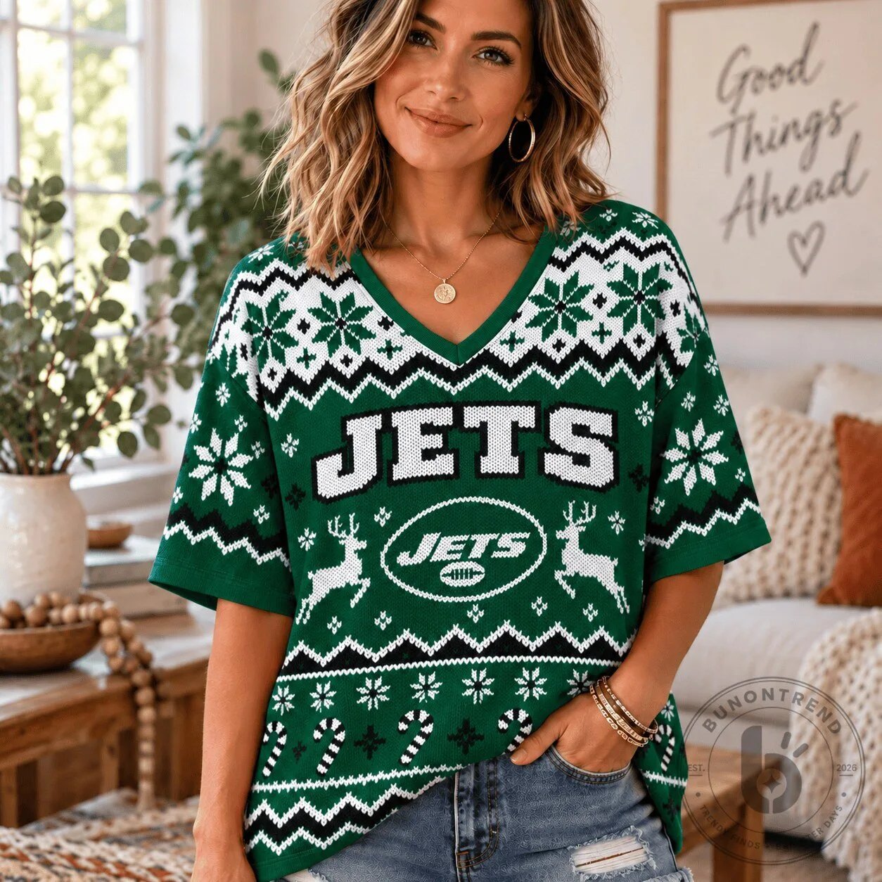 New York Jets Christmas Ugly Sweater Style V-Neck Short Sleeve Top