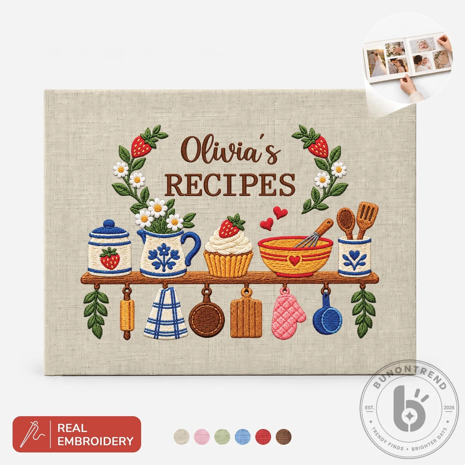 Personalized Olivia's Recipes Embroidered Cookbook Journal for Kitchen