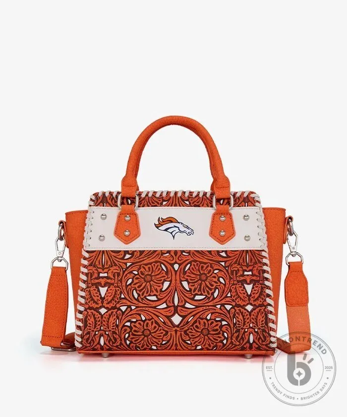 Denver Broncos Floral Tooled Leather Handbag Purse with Shoulder Strap