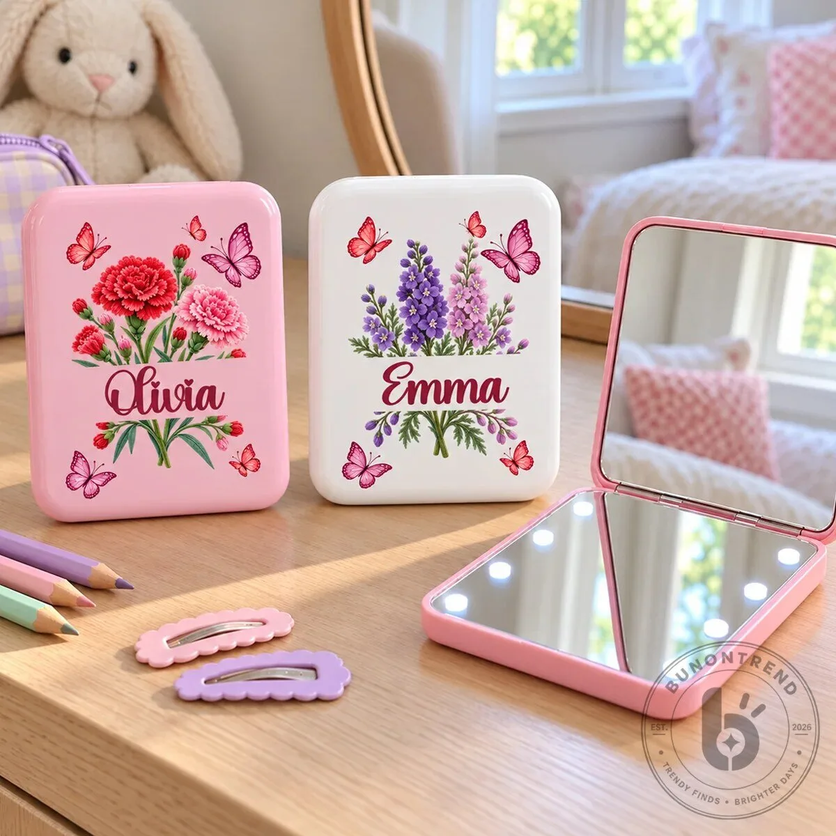 Personalized Birth Month Flower Butterfly Compact Mirror with LED Light