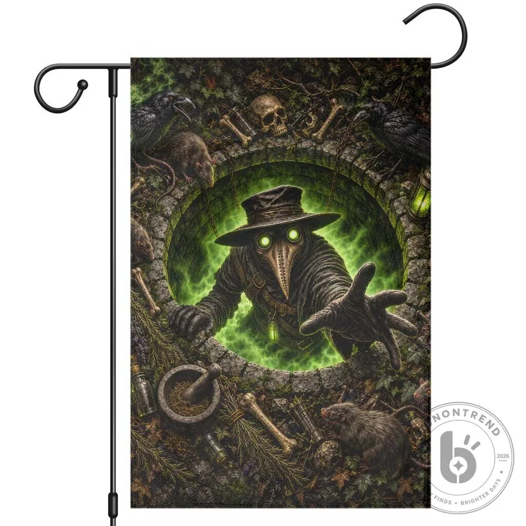 Plague Doctor Rising From Cracked Earth Pit Spooky Halloween Gothic Horror Garden Flag