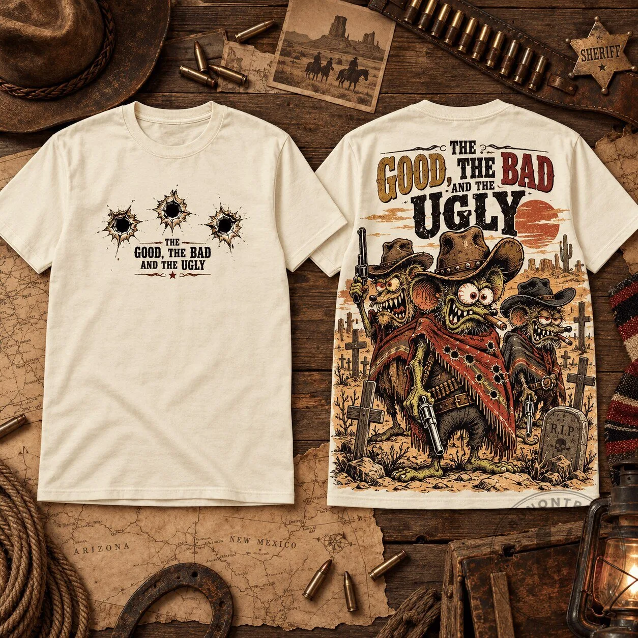 The Good, the Bad and the Ugly Rat Fink Western Movie Poster T-Shirt