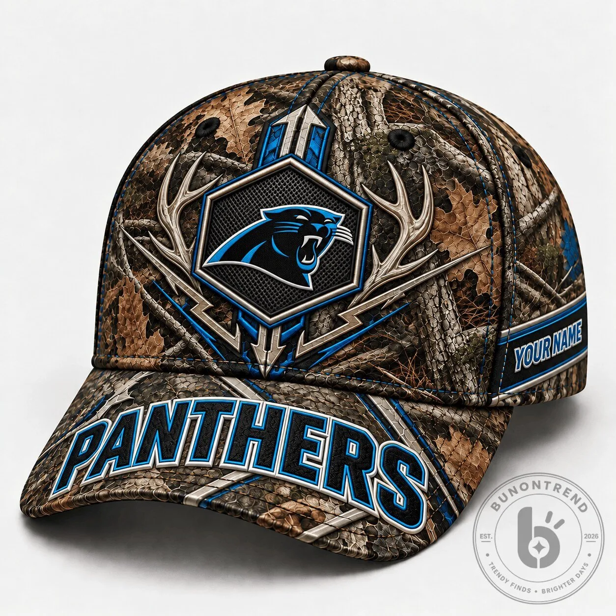 Carolina Panthers NFL Camouflage Hunting Cap with Custom Name
