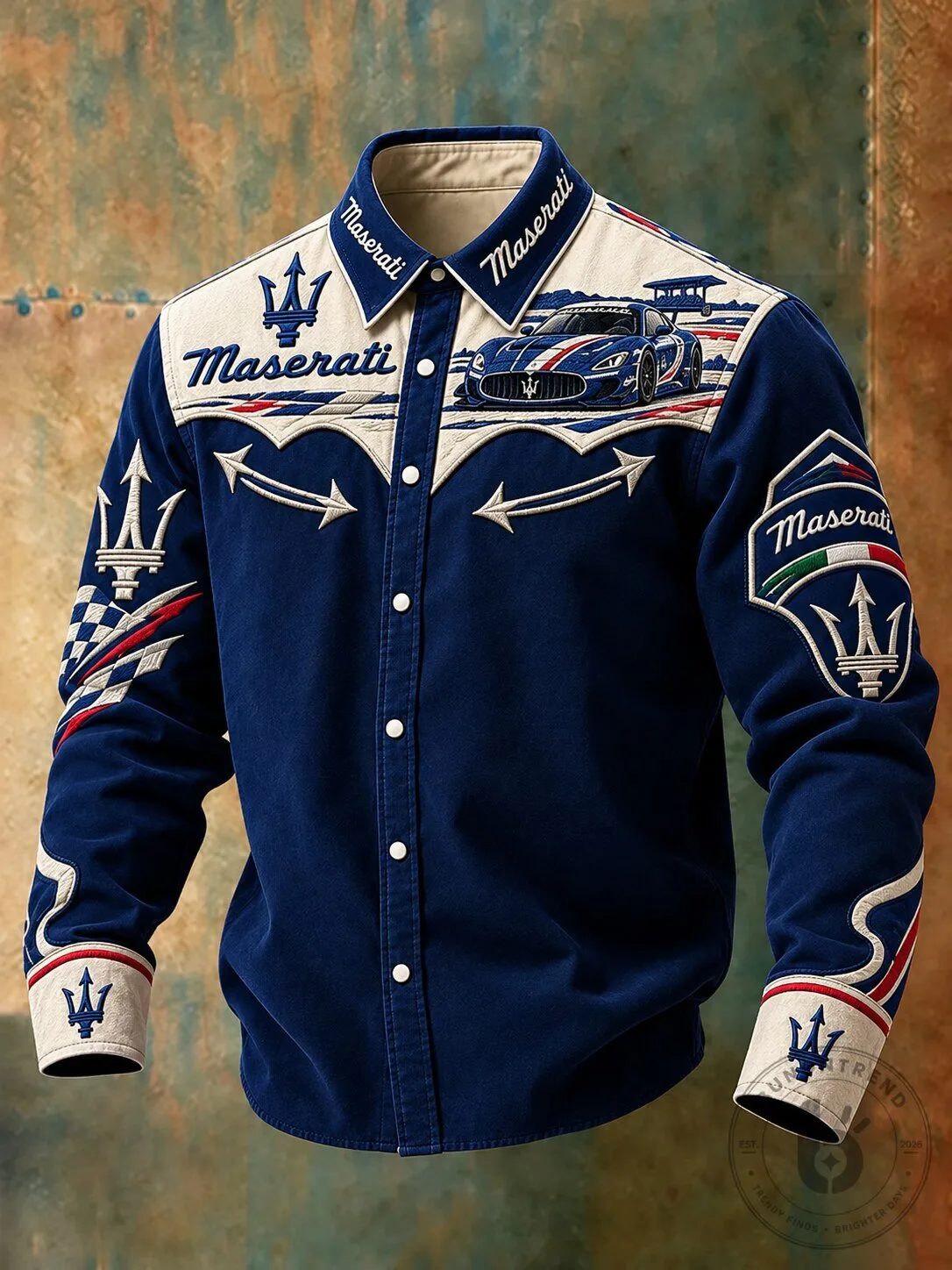 Maserati Race Car Embroidered Blue Western Long Sleeve Shirt