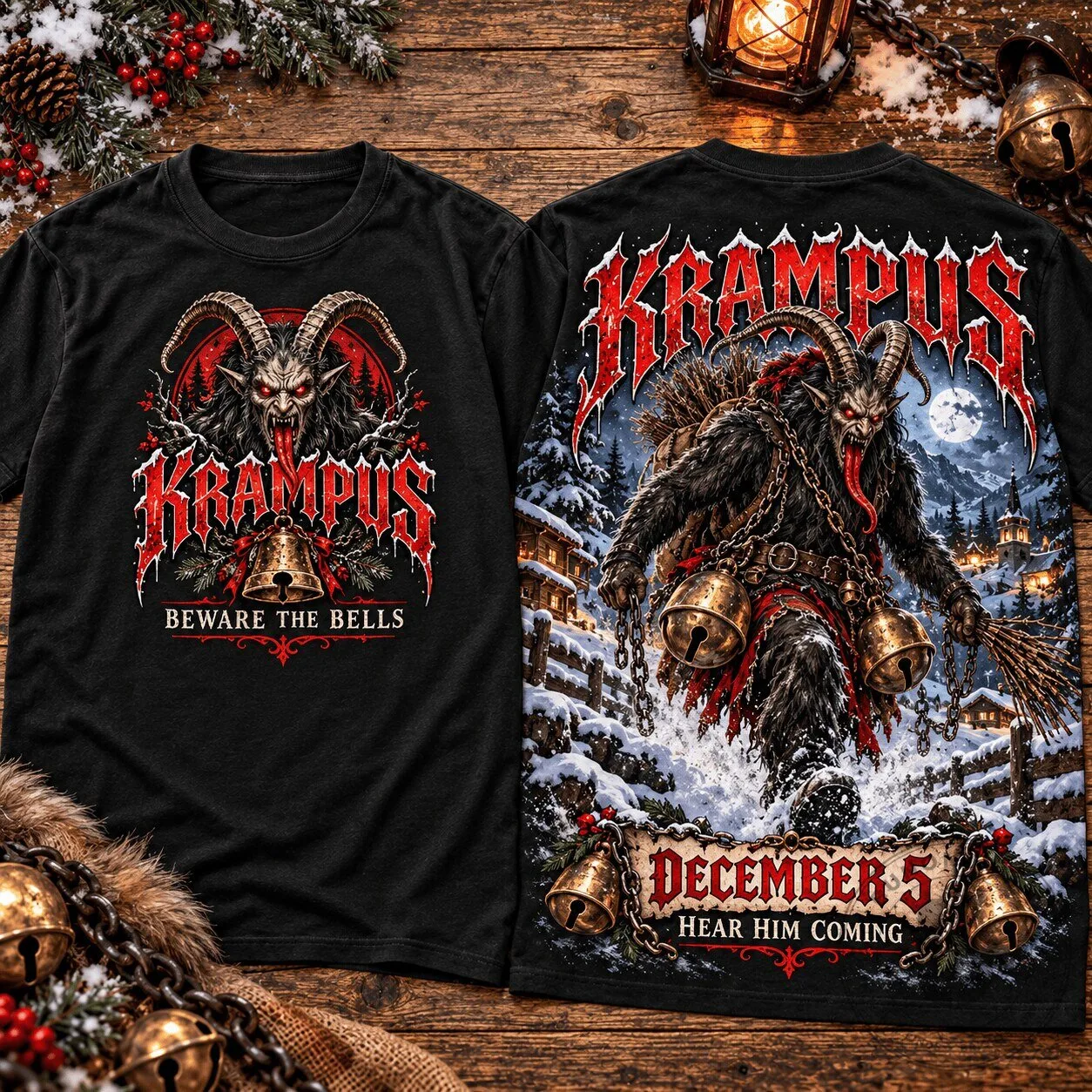 Black T-Shirt: Hear Him Coming December 5 - Beware The Bells of Krampus