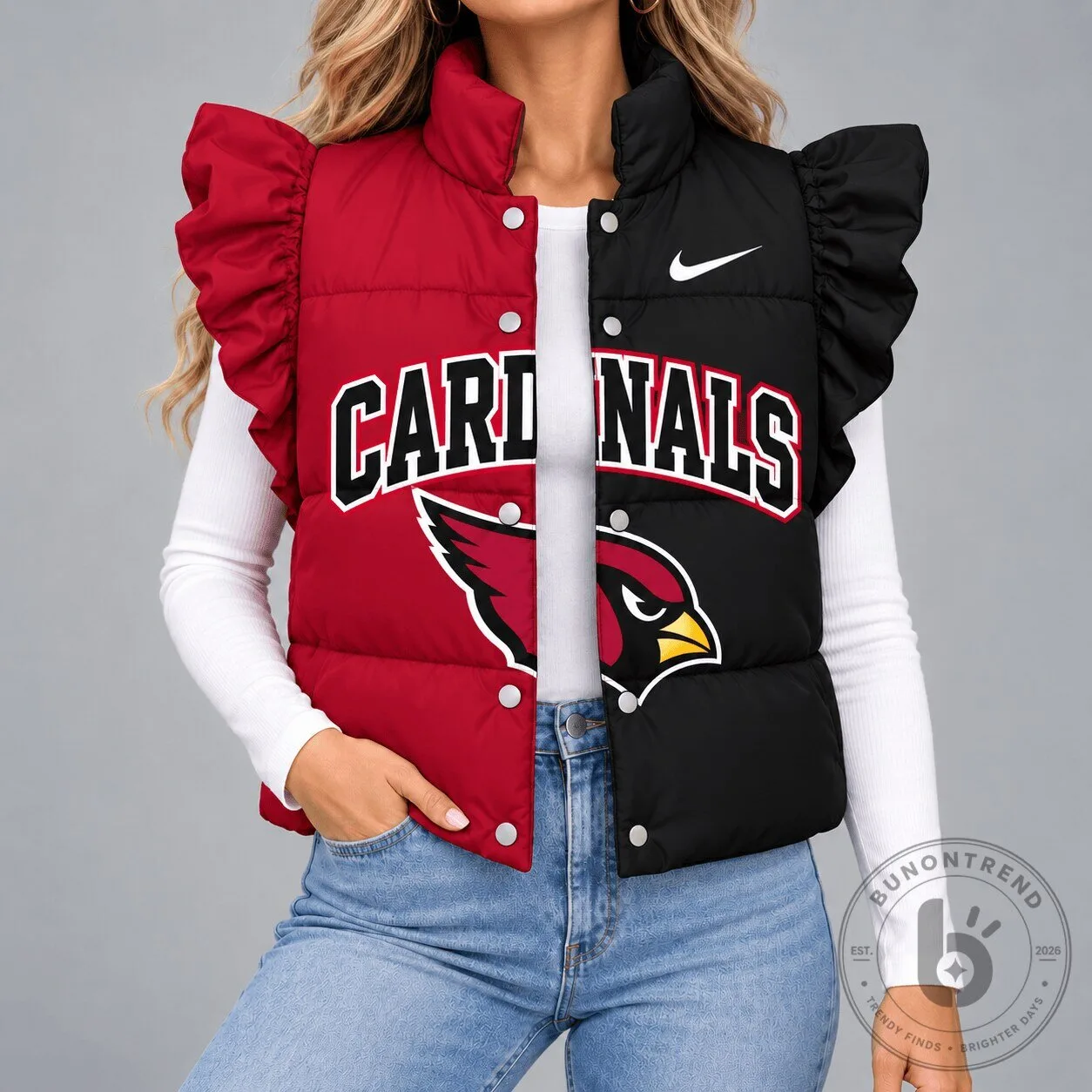 Arizona Cardinals NFL Football Team Split Color Ruffled Puffer Vest
