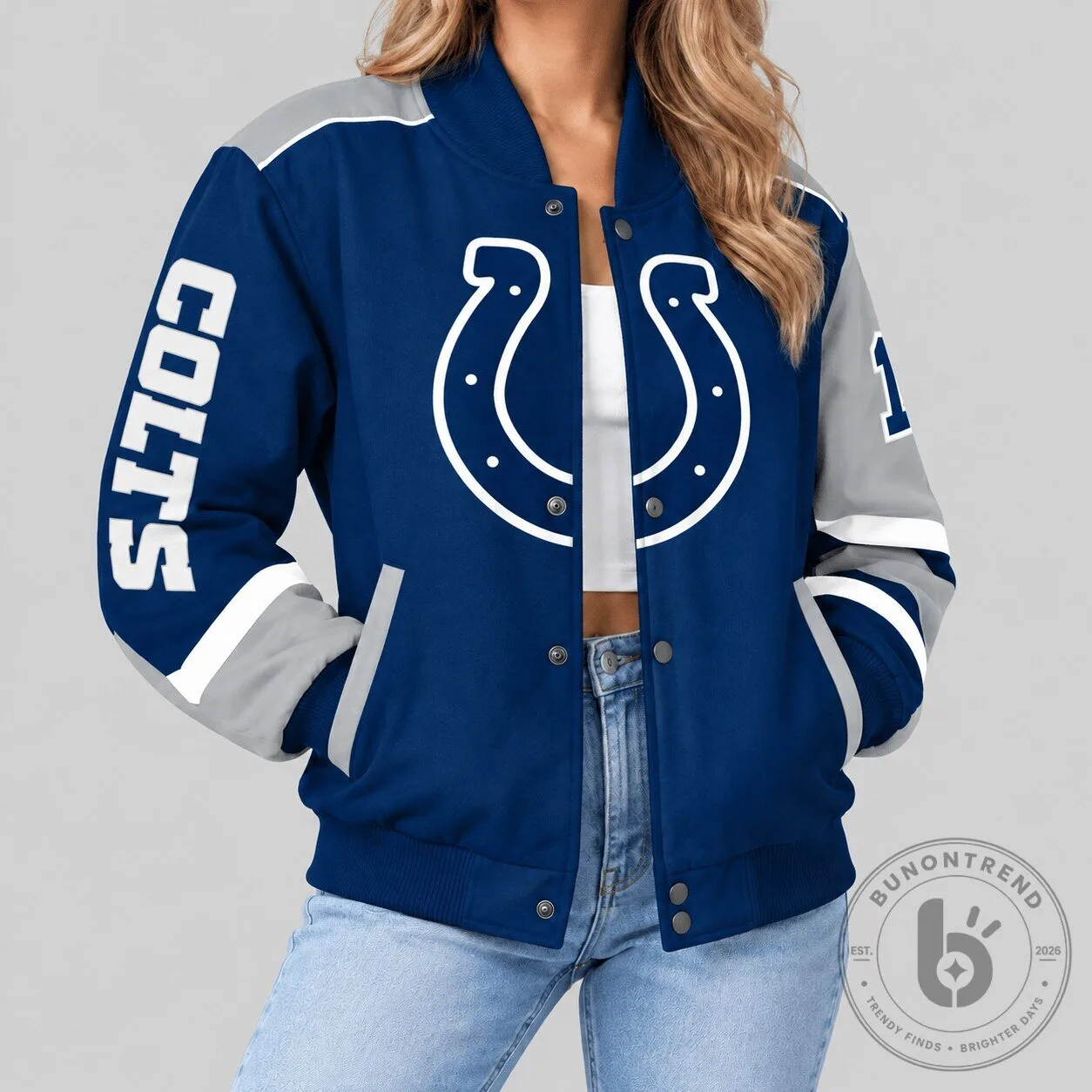 Indianapolis Colts NFL Oversized Logo Varsity Jacket for Women