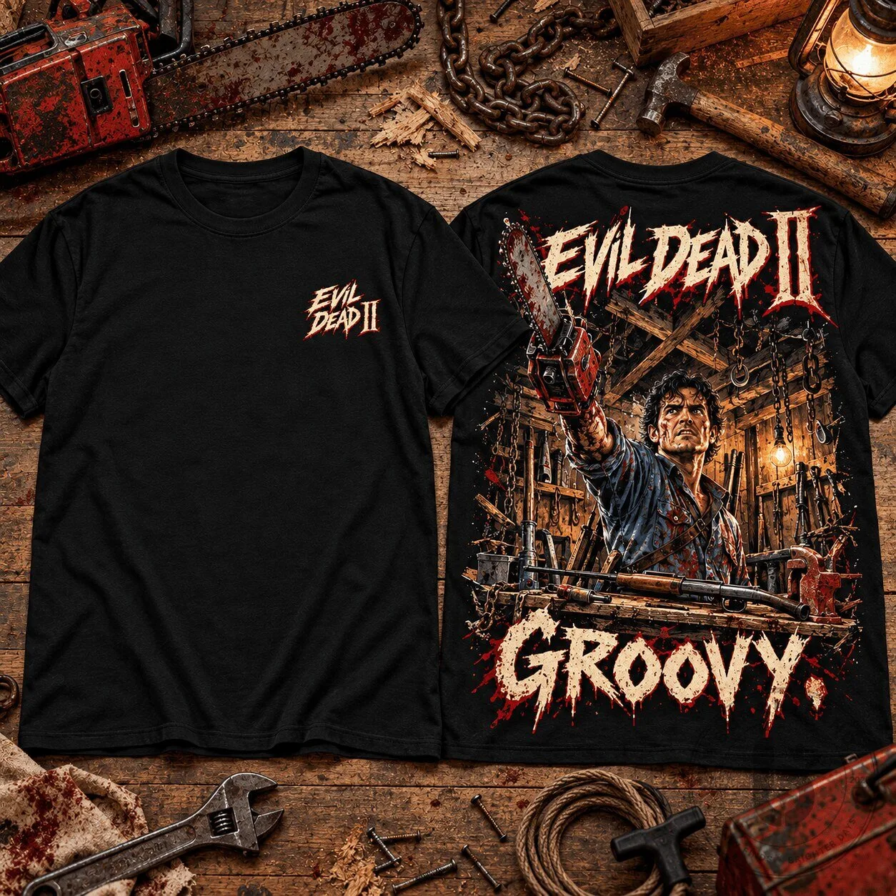 Evil Dead II Ash Williams Groovy Chainsaw Horror Movie Fan T-Shirt